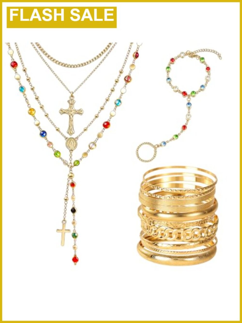 Gold Jewelry Set 15 Pcs Layered Necklaces Hand Chain Stackable Bangles
